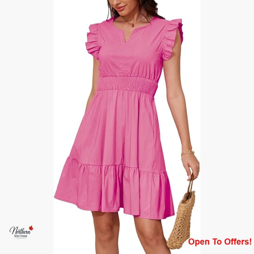 Women's Short Ruffle Sleeve V Neck Above Knee Casual Layered Dress with Pockets